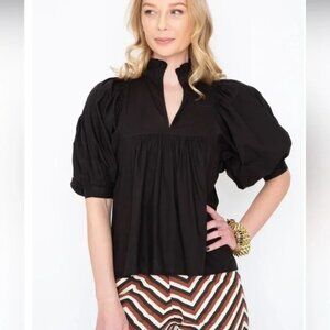 Never a Wallflower Black High Neck Poplin Ruffle Neck V-Cut Puff Sleeves SMALL